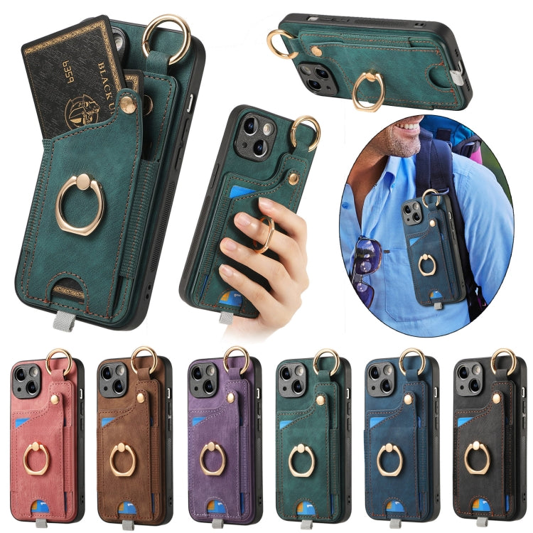 For iPhone 16e Retro Skin-feel Ring Card Bag Phone Case with Hang Loop(Blue) by bashfashion